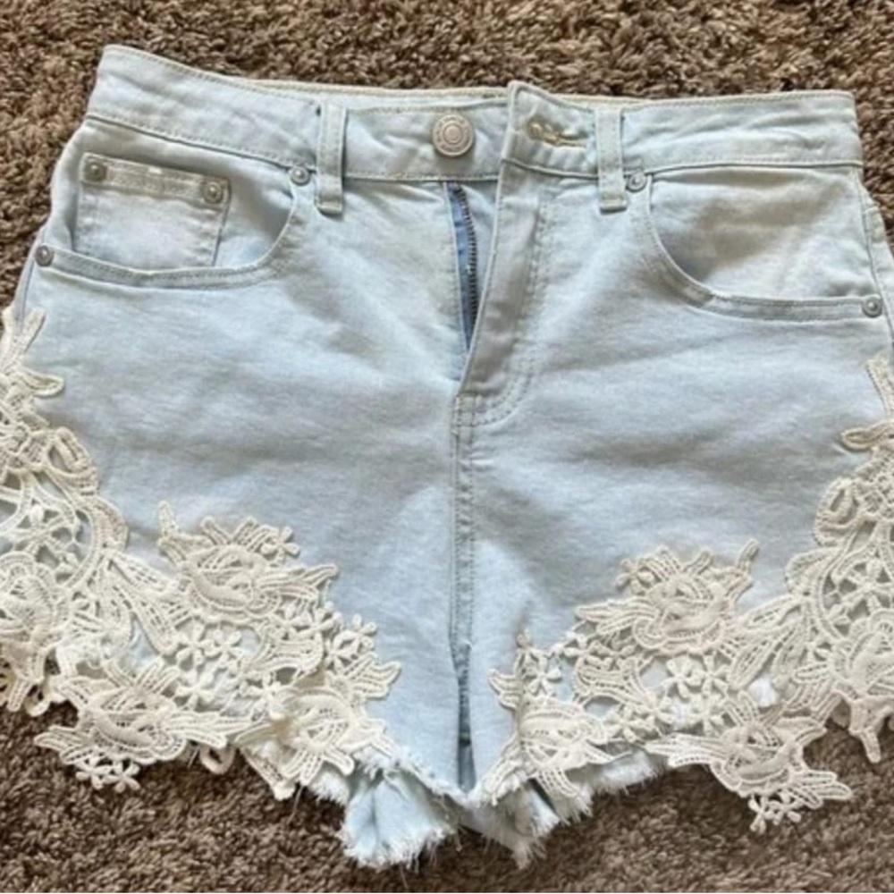 Almost Famous Light Blue Jean Shorts with Lace Trim